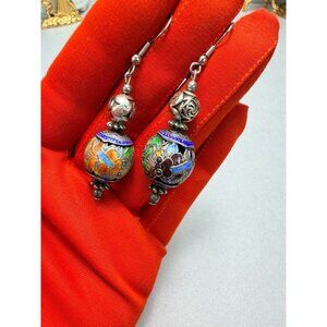 Vintage Cloisonne Enamel Bead Dangle Earrings Floral Statement